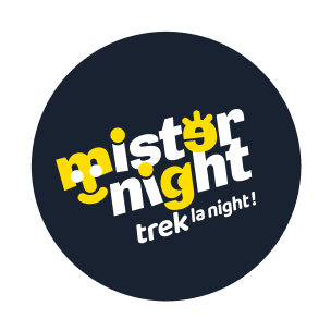 Logo du site mister night, rond, sur un fond bleu nuit et des lettres personnalisées en jaune. Vive le trek la night!