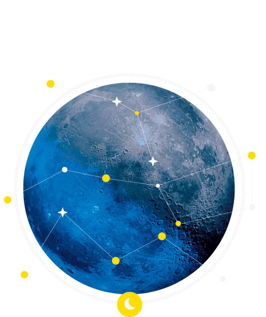 Vue de la lune avec une constellation d'étoiles qui représente les services et l'organisation de mister night